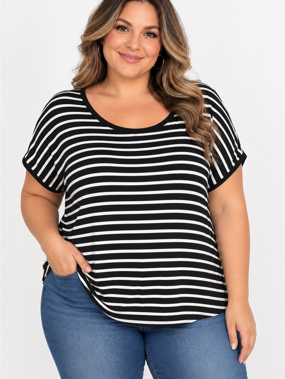 George Plus 2X Black & White Striped Lace-Up Back Top